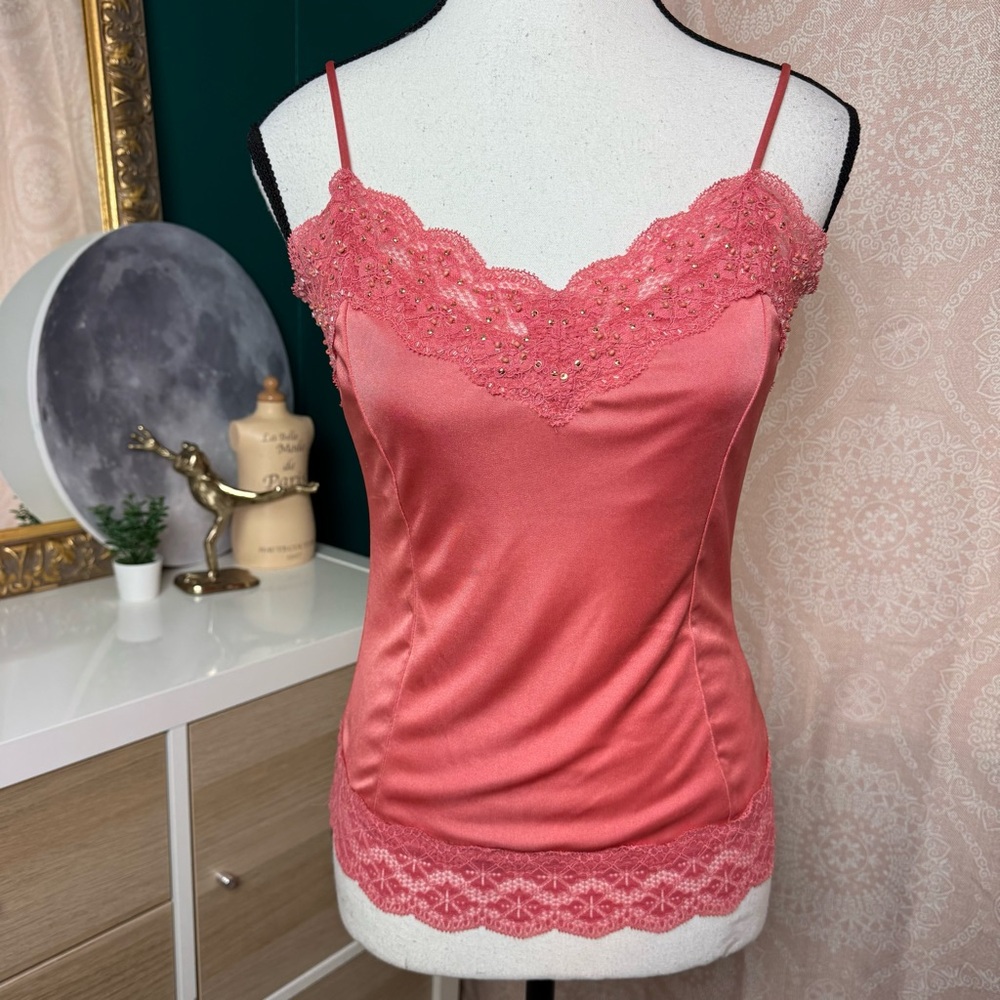 The Limit Y2K 2005 Silky Cami Tank Lace Trim Beaded Accents Fairycore Size Small